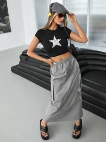 SHEIN ICON 戶外運動風翻蓋口袋工裝傘裙 - 灰色 - 查看 3