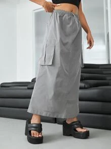 SHEIN ICON 戶外運動風翻蓋口袋工裝傘裙 - 灰色 - 查看 4