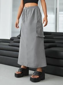 SHEIN ICON 戶外運動風翻蓋口袋工裝傘裙 - 灰色 - 查看 5