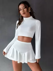 SHEIN EZwear Falda Pantalón Blanca De Cintura Alta Con Dobladillo De Volantes Sueltos Para El Verano - Blanco - Ver 6