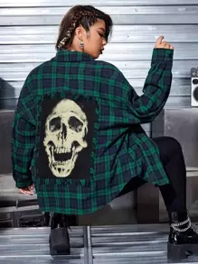 ROMWE PUNK Kpop Plus Tartan & Skull Print Drop Shoulder Coat - Multicolor - View 1