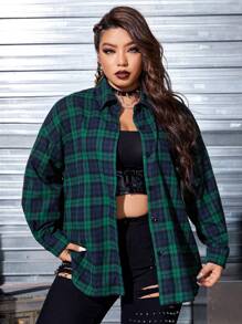 ROMWE PUNK Kpop Plus Tartan & Skull Print Drop Shoulder Coat - Multicolor - View 2