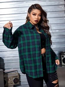 ROMWE PUNK Kpop Plus Tartan & Skull Print Drop Shoulder Coat - Multicolor - View 4