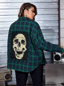 ROMWE PUNK Kpop Plus Tartan & Skull Print Drop Shoulder Coat - Multicolor - View 5
