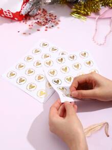 100pcs Heart Envelope Seals, Clear Bronzing Heart Stickers Round Sealing Sticker For Party Favor Wedding Invitation Card, Back To School Valentine Day - Gold - View 2
