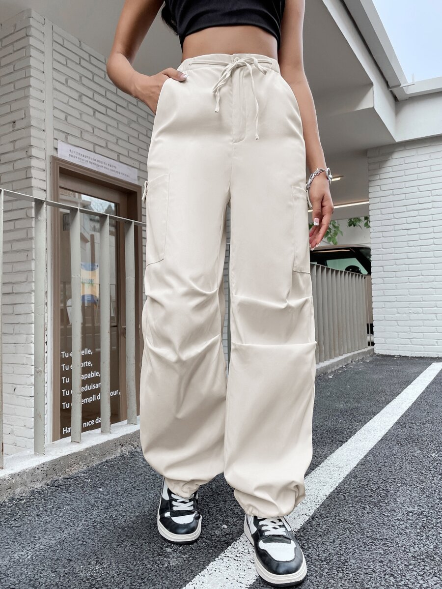 SHEIN Unity Tie Front Pocket Patched Cargo Trousers - White - View 1