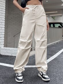 SHEIN Unity Tie Front Pocket Patched Cargo Trousers - White - View 4