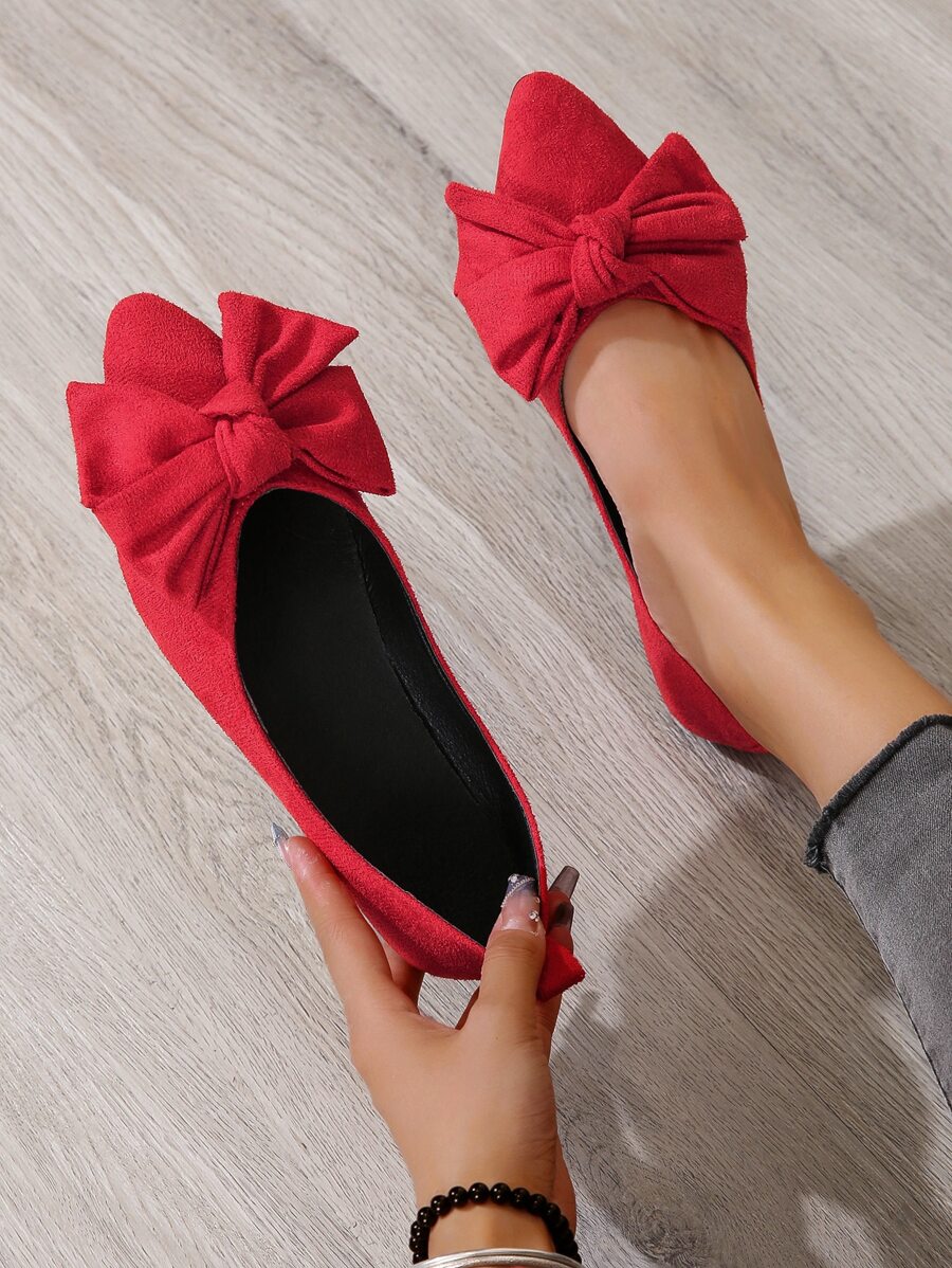Phụ nữ Red Faux Suedette Bow Decor Căn hộ ba lê, Giày mũi nhọn thanh lịch - Đỏ - Xem 1