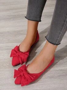 Phụ nữ Red Faux Suedette Bow Decor Căn hộ ba lê, Giày mũi nhọn thanh lịch - Đỏ - Xem 2