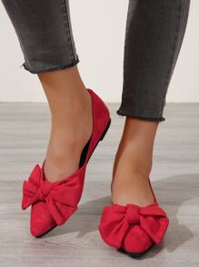 Phụ nữ Red Faux Suedette Bow Decor Căn hộ ba lê, Giày mũi nhọn thanh lịch - Đỏ - Xem 3