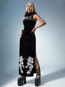 ROMWE PUNK Đầm Tách cao Thú vật Hấp dẫn - màu đen - Xem 1