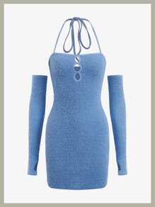 SHEIN ICON Cut Out Tie Backless Halter Bodycon Dress With Arm Sleeves - Blue - View 1
