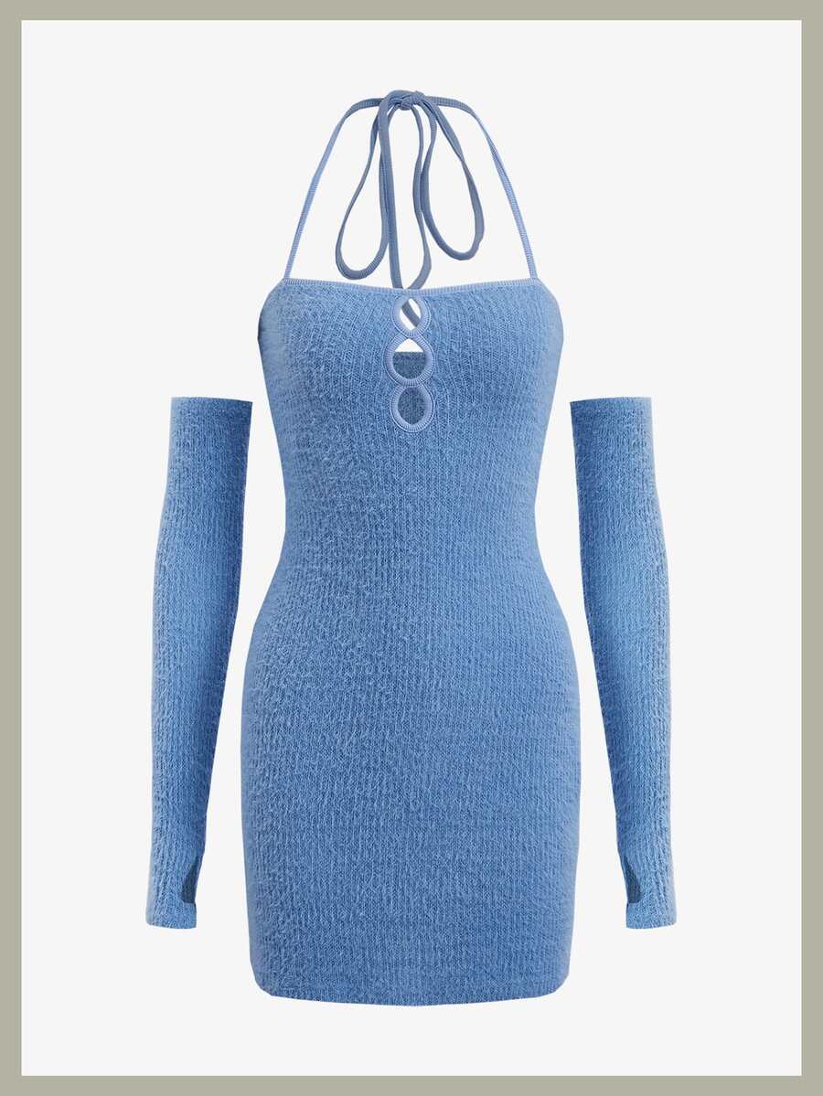 SHEIN ICON Cut Out Tie Backless Halter Bodycon Dress With Arm Sleeves - Blue - View 1