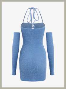 SHEIN ICON Cut Out Tie Backless Halter Bodycon Dress With Arm Sleeves - Blue - View 2