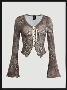 ROMWE PUNK 西部風格蝴蝶和雛菊圖案拼接水溶蕾絲前繫帶上衣 - 彩色 - 查看 1