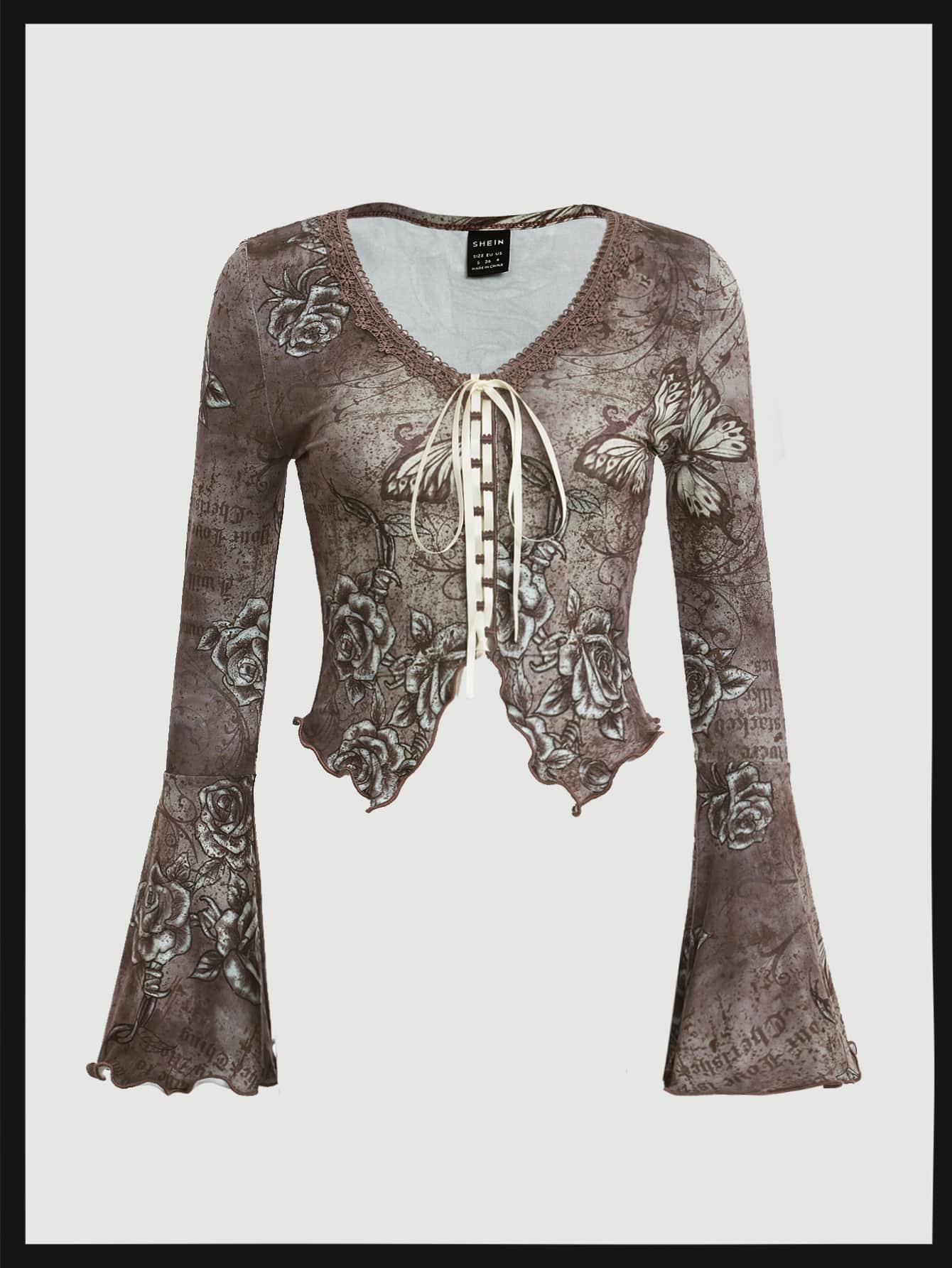 ROMWE PUNK 西部風格蝴蝶和雛菊圖案拼接水溶蕾絲前繫帶上衣 - 彩色 - 查看 1