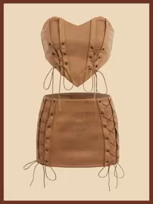 SHEIN ICON Bộ đồ hai mảnh nữ Bất đối xứng Ren lên Dây kéo màu trơn Gợi cảm - màu nâu - Xem 1