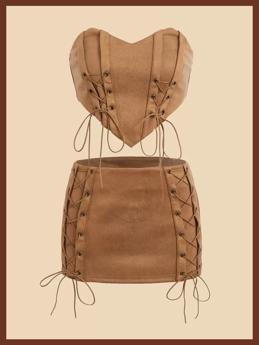 SHEIN ICON Bộ đồ hai mảnh nữ Bất đối xứng Ren lên Dây kéo màu trơn Gợi cảm - màu nâu - Xem 1