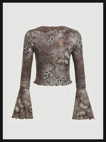 ROMWE PUNK 西部風格蝴蝶和雛菊圖案拼接水溶蕾絲前繫帶上衣 - 彩色 - 查看 2