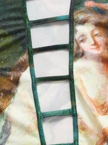 SHEIN ICON 西部風格人像圖案前鏤空短款T恤 - 彩色 - 查看 3