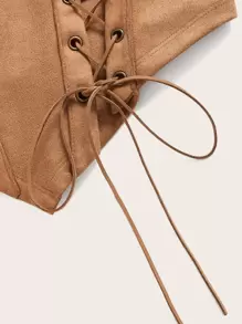 SHEIN ICON Bộ đồ hai mảnh nữ Bất đối xứng Ren lên Dây kéo màu trơn Gợi cảm - màu nâu - Xem 3