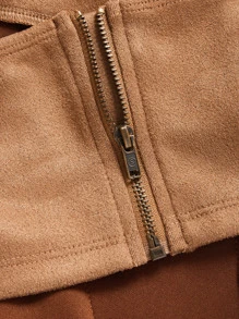 SHEIN ICON Bộ đồ hai mảnh nữ Bất đối xứng Ren lên Dây kéo màu trơn Gợi cảm - màu nâu - Xem 4