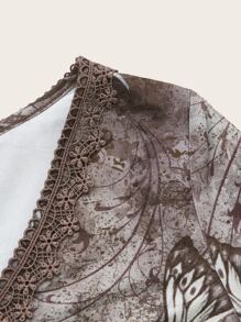 ROMWE PUNK 西部風格蝴蝶和雛菊圖案拼接水溶蕾絲前繫帶上衣 - 彩色 - 查看 4