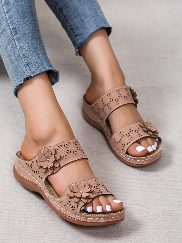 女士花卉貼花裝飾鏤空時尚坡跟涼鞋