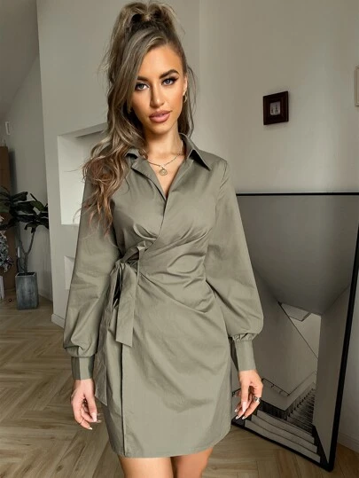 Zolique 燈籠袖圍裹側繫帶連衣裙