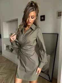 Zolique 燈籠袖圍裹側繫帶連衣裙