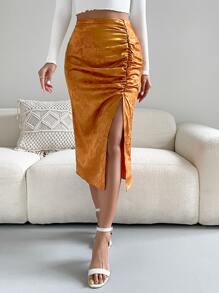 Floral Jacquard Ruched Split Thigh Skirt - Brown - View 1