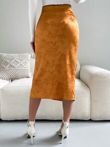 Floral Jacquard Ruched Split Thigh Skirt - Brown - View 2