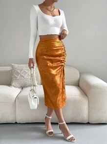 Floral Jacquard Ruched Split Thigh Skirt - Brown - View 3