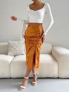 Floral Jacquard Ruched Split Thigh Skirt - Brown - View 4