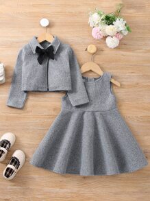 Toddler Girls Button Back Sleeveless Dress & Bow Front Jacket - Grey - View 1