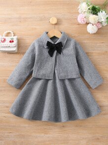 Toddler Girls Button Back Sleeveless Dress & Bow Front Jacket - Grey - View 5