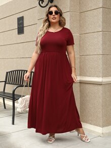 Plus Solid Maxi A-line Dress - Burgundy - View 4