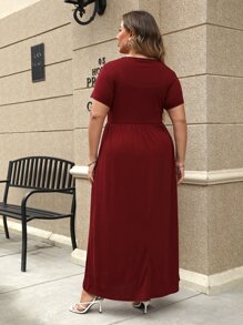 Plus Solid Maxi A-line Dress - Burgundy - View 2