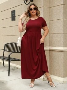 Plus Solid Maxi A-line Dress - Burgundy - View 3