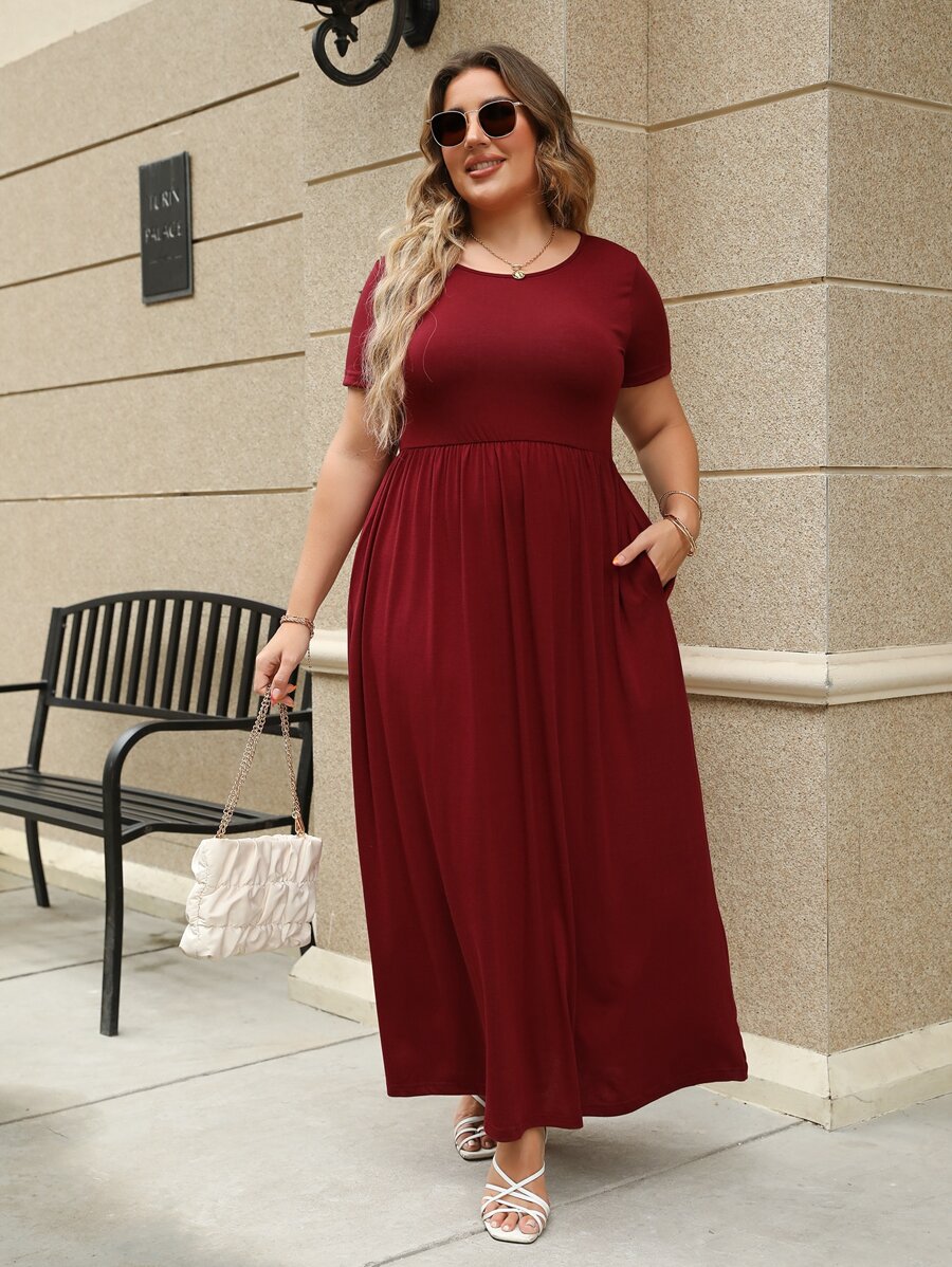 Plus Solid Maxi A-line Dress - Burgundy - View 1