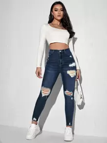 SHEIN ICON 破洞細節緊身牛仔褲 - 深色水洗藍 - 查看 3