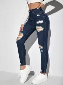 SHEIN ICON 破洞細節緊身牛仔褲 - 深色水洗藍 - 查看 5