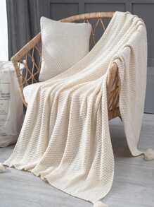 1 cái chăn trang trí tua rua trơn - Màu be - Xem 1