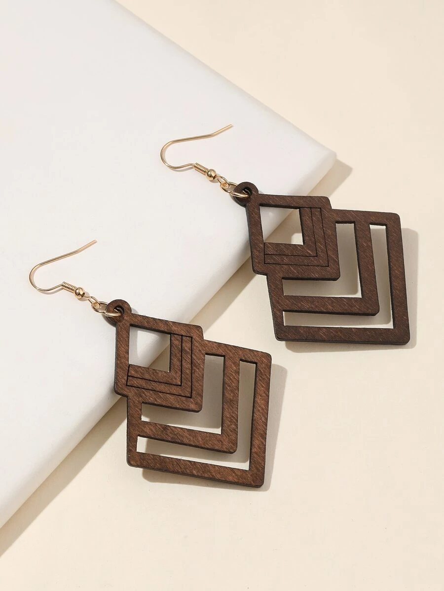 Hollow Out Geometric Drop Earrings - Coffee Brown - View 1