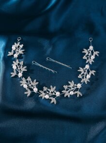 鑲嵌葉形水鑽和仿珍珠裝飾新娘髮箍，優雅的頭飾