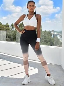 Yoga Trendy Colourblock Wide Waistband Sports Leggings - Black - View 3