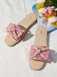 Women Faux Pearl & Bow Decor Espadrille Slide Sandals, Vacation Summer Party Flat Sandals - Dusty Pink - View 1