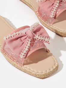 Women Faux Pearl & Bow Decor Espadrille Slide Sandals, Vacation Summer Party Flat Sandals - Dusty Pink - View 3