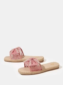 Women Faux Pearl & Bow Decor Espadrille Slide Sandals, Vacation Summer Party Flat Sandals - Dusty Pink - View 5