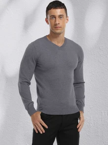 Men Solid V Neck Jumper - Dark Grey - View 1